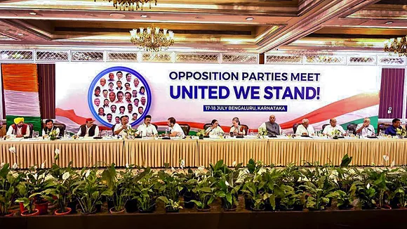 Congress President Mallikarjun Kharge, Sonia Gandhi and other political parties' leaders during opposition parties' meet, in Bengaluru
