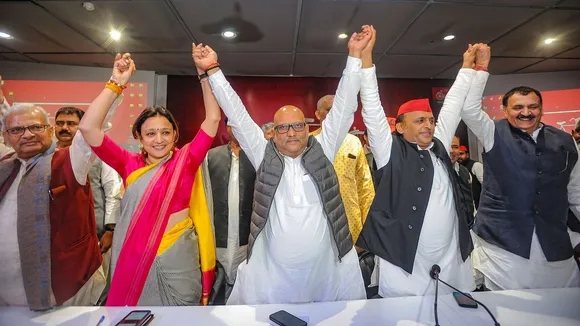 Samajwadi Party (SP) President Akhilesh Yadav, UP Congress President Ajay Rai and other leaders during a meeting of Indian National Developmental Inclusive Alliance (INDIA) ahead of the Lok Sabha elections, at SP office in Lucknow