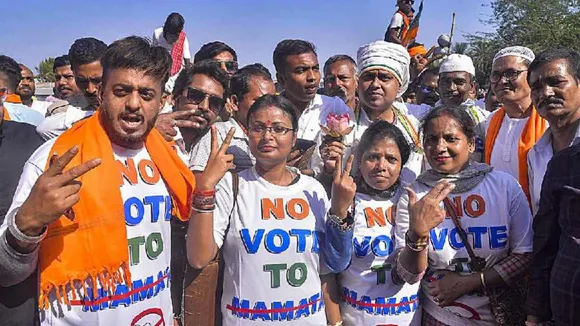 BJP supporters during a party rally at Sandeshkhali, in North 24 Parganas district