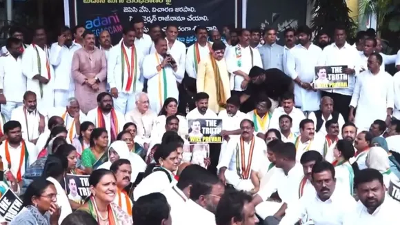 Telangana CM Revanth Reddy participates in protest against Adani at ED office in Hyderabad