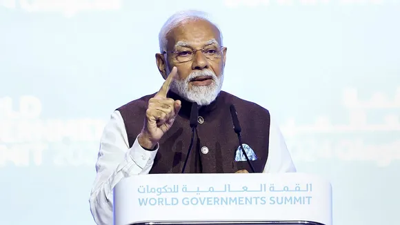 Narendra Modi addresses the World Government Summit, in Dubai, UAE, Wednesday, Feb. 14, 2024.