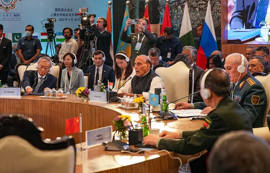 Defence Minister Rajnath Singh addresses during the Shanghai Cooperation Organisation (SCO) Defence Ministers' Meeting, in New Delhi