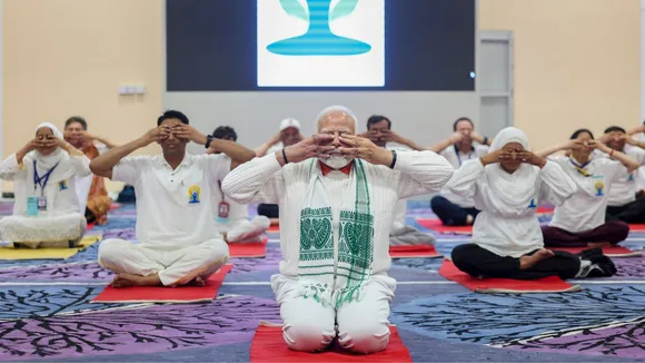 Prime Minister Narendra Modi performs yoga during celebration on the 10th International Day of Yoga, in Srinagar, Friday, June 21, 2024.