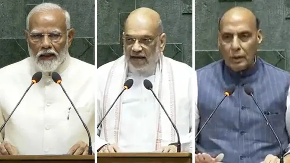 (L-R) Narendra Modi, Amit Shah and Rajnath Singh taking oath as members of the 18th Lok Sabha
