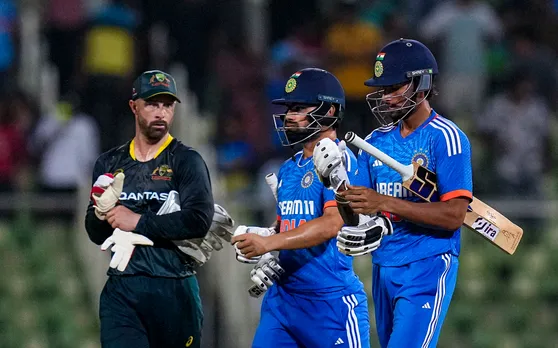 India's Tilak Varma and Rinku Singh during the second T20 International cricket match of a T20I series between India and Australia
