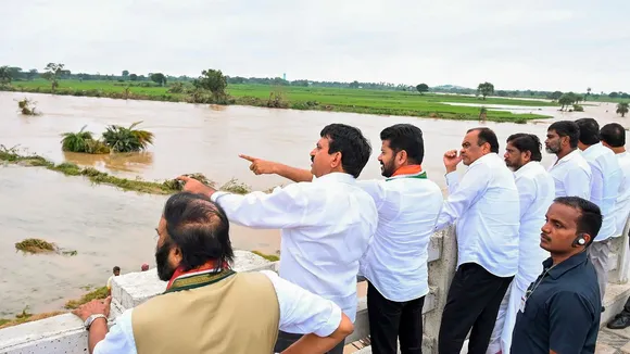 Telangana CM Revanth Reddy inspects a flooded area, in Khammam, Monday, Sept. 2, 2024.