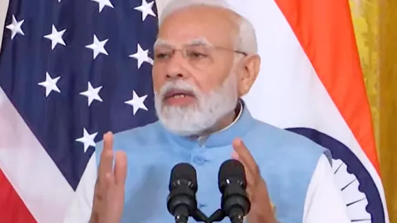 Prime Minister Narendra Modi speaks during his joint press conference with US President Joe Biden (unseen) at the East Room of the White House, Washington DC, Thursday, June 22