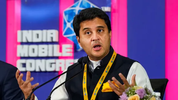 Union Minister for Communications Jyotiraditya Scindia addresses a press conference at the India Mobile Congress 2024, in New Delhi, Tuesday, Oct. 15, 2024.