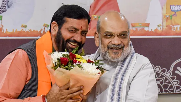 Union Minister Amit Shah greets Nayab Singh Saini after he was unanimously elected as BJP's legislature party leader in Haryana, in Panchkula, Wednesday, Oct 16, 2024.
