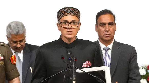 Chief minister-designate Omar Abdullah takes oath as the Chief Minister of Jammu and Kashmir, in Srinagar, Wednesday, Oct 16, 2024.