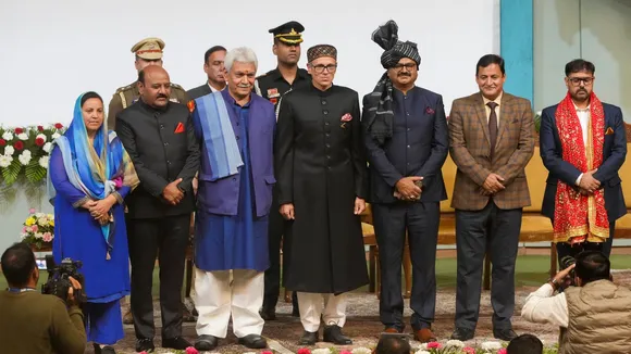 Jammu and Kashmir Lt. Governor Manoj Sinha, Chief Minister Omar Abdullah and other leaders at the swearing-in ceremony of new J&K government, in Srinagar, Wednesday, Oct 16, 2024.