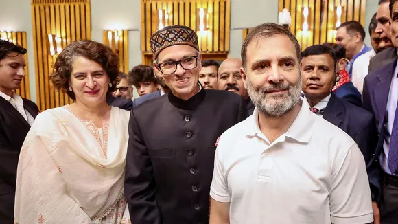 LoP in Lok Sabha and Congress MP Rahul Gandhi and party leader Priyanka Gandhi Vadra with CM-designate Omar Abdullah during the swearing-in ceremony of the new Jammu and Kashmir government, in Srinagar.