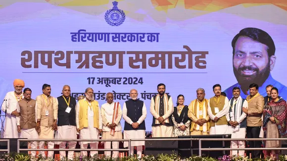 Prime Minister Narendra Modi with Haryana Governor Bandaru Dattatreya, CM Nayab Singh Saini and others during the swearing-in ceremony of new Haryana government, in Panchkula, Thursday, Oct. 17, 2024.