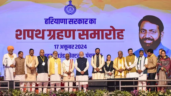 Prime Minister Narendra Modi and Haryana Governor Bandaru Dattatrey with newly sworn-in Haryana Chief Minister Nayab Singh Saini and Cabinet ministers at the oath ceremony at Dussehra Ground, in Panchkula, Thursday, Oct. 17, 2024.