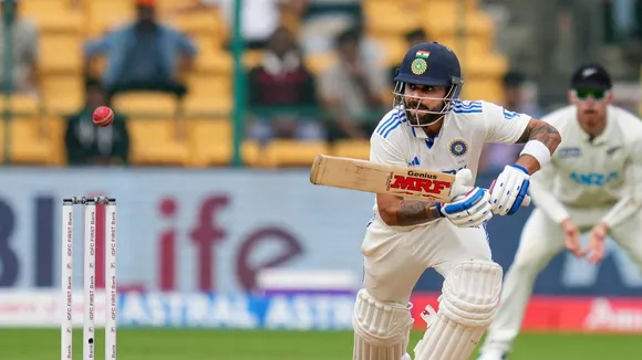 Virat Kohli plays a shot on the third day of the first test cricket match between India and New Zealand, at the M Chinnaswamy Stadium, in Bengaluru, Friday, Oct. 18, 2024.