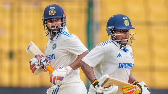 Rishabh Pant and Sarfaraz Khan during the fourth day of the first test cricket match between India and New Zealand at M Chinnaswamy Stadium, in Bengaluru, Saturday, Oct 19, 2024.