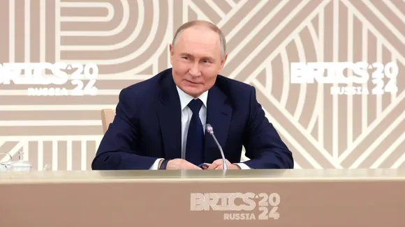 Russian President Vladimir Putin addressing press conference ahead of BRICS Summit