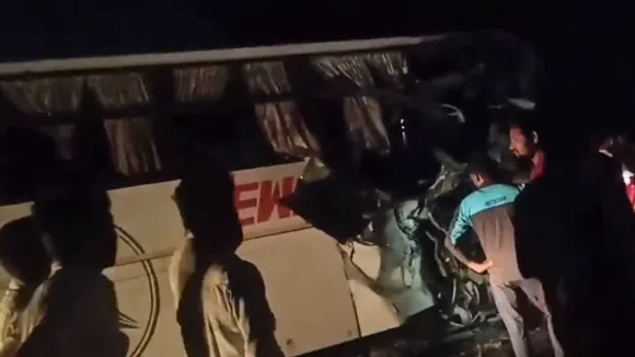 A collision between a bus and a truck on the Jaipur-Delhi highway on Wednesday