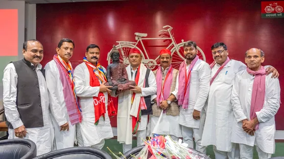 Samajwadi Party President Akhilesh Yadav during a workers meeting, at party headquarters in Lucknow, Tuesday, Oct. 22, 2024.