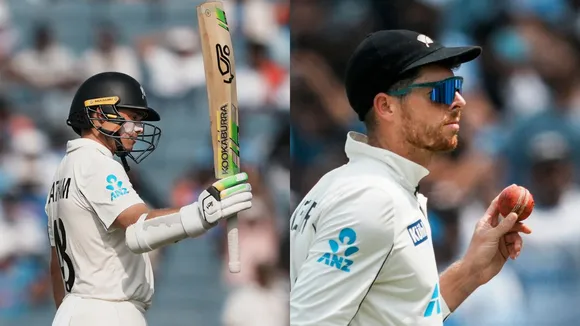 New Zealand's Tom Latham (Left) and Mitchell Santner (Right) on the second day of the second test cricket match between India and New Zealand, in Pune, Friday, Oct. 25, 2024.