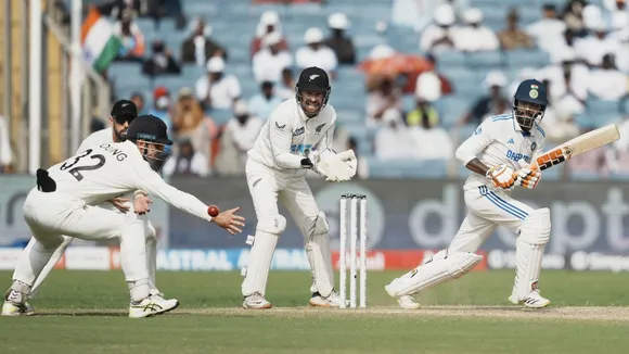 India's Ravindra Jadeja plays a shot on the third day of the second test cricket match between India and New Zealand, at the Maharashtra Cricket Association Stadium, in Pune, Saturday, Oct. 26, 2024.