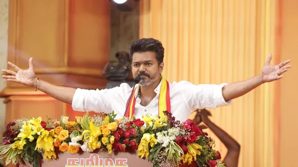 Actor and founder of Tamilaga Vetri Kazhagam Vijay addresses his pary's first political conference, at Vikravandi in Villupuram district, Sunday, Oct. 27, 2024.