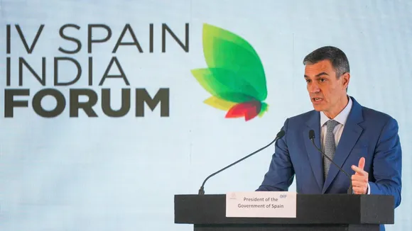 Spanish Prime Minister Pedro Sanchez addresses at a conclave titled 'Spain and India Partnership Amid Geopolitical and Technological Challenges', in Mumbai, Tuesday, Oct. 29, 2024.