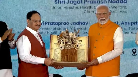 Prime Minister Narendra Modi with Union Minister JP Nadda at the launch, inauguration and foundation stone laying of multiple projects, at All India Institute of Ayurveda (AIIA) in New Delhi, Tuesday, Oct. 29, 2024.
