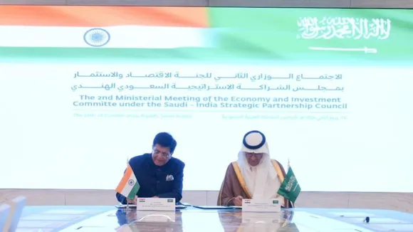 Union Minister of Commerce and Industry Piyush Goyal and Minister of Energy of Saudi Arabia Prince Abdulaziz bin Salman Al Saud during the second Ministerial Meeting of the Economy and Investment Committee under the Saudi-India Strategic Partnership Council (SPC), in Saudi Arabia.