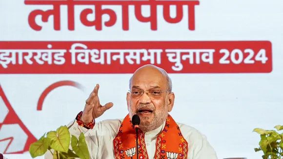 Union Minister and senior BJP leader Amit Shah speaks at the release of the party's Sankalp Patra (election manifesto) for the upcoming Assembly elections, in Ranchi, Sunday, Nov. 3, 2024