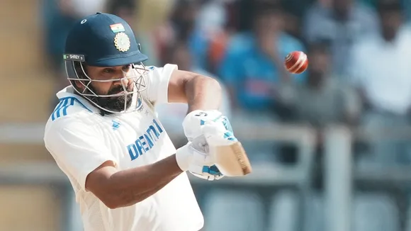 Rohit Sharma plays a shot during day three of third Test cricket match between India and New Zealand at Wankhede Stadium, in Mumbai, Sunday, Nov. 3, 2024. 