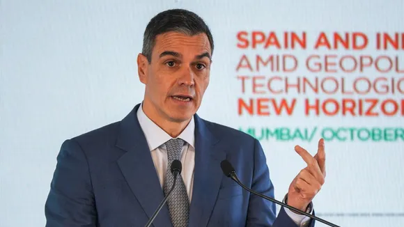 Spanish Prime Minister Pedro Sanchez addresses at a conclave titled 'Spain and India Partnership Amid Geopolitical and Technological Challenges', in Mumbai, Tuesday, Oct. 29, 2024.