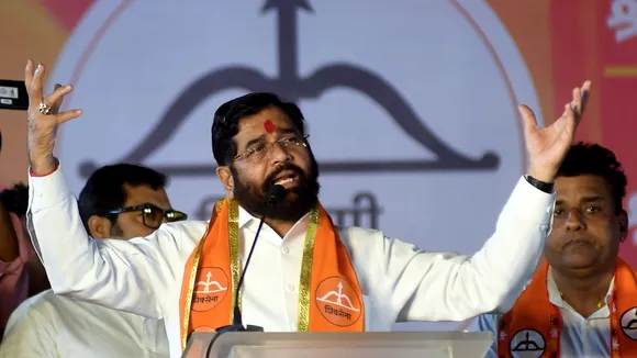 Maharashtra Chief Minister Eknath Shinde addresses a public meeting ahead of the State Assembly elections, in Mumbai, Sunday, Nov. 3, 2024.