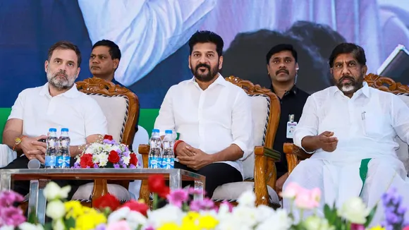 Congress MP Rahul Gandhi, Telangana Chief Minister A. Revanth Reddy and Deputy CM Bhatti Vikramarka at the State Level Consultation on Caste Census at Bowenpally, Hyderabad, Tuesday, Nov. 5, 2024.