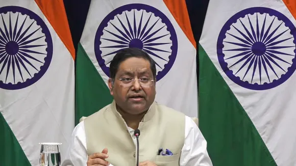 Randhir Jaiswal, Official Spokesperson of the Ministry of External Affairs, speaks during the weekly media briefing, in Delhi, Thursday, Nov. 7, 2024