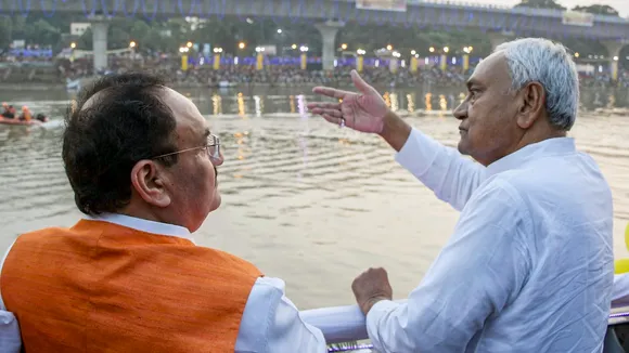 Bihar Chief Minister Nitish Kumar with BJP National President JP Nadda visits Ganga ghat on the occasion of Chhath Puja, in Patna, Thursday, Nov. 7, 2024.