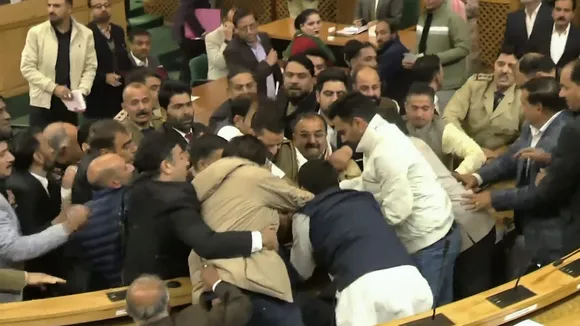 Ruckus in the Jammu and Kashmir Assembly after BJP members protested against the passage of a resolution on special status for the erstwhile state, leading the speaker to adjourn the proceedings briefly, in Srinagar, Thursday, Nov. 7, 2024.