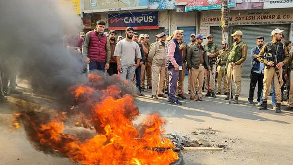 People take part in a demonstration during a district-wide bandh on Thursday, in Kishtwar district, Jammu & Kashmir, Friday, Nov. 8, 2024.