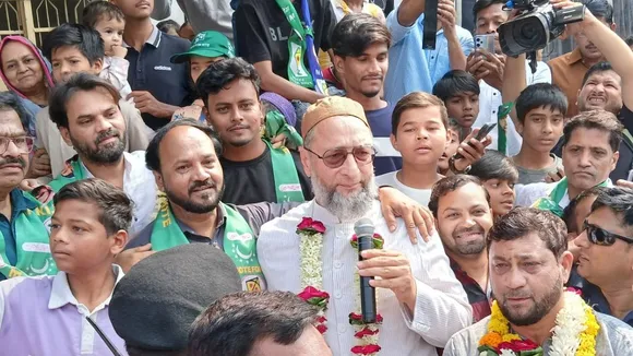 AIMIM president Asaduddin Owaisi talking to reporters