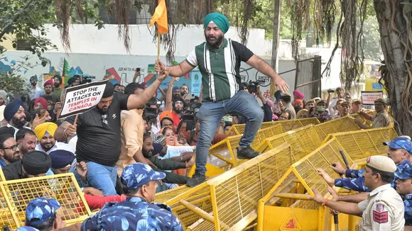 Hindu Sikh global forum protests against temple attack in Canada, near Canada Embassy in New Delhi on November 10, 2024.