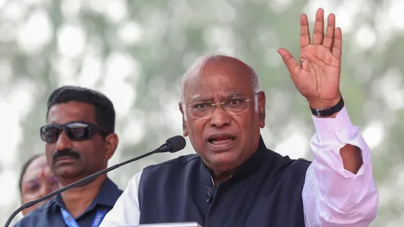 Congress President Mallikarjun Kharge addresses a public meeting ahead of Jharkhand Assembly elections, in Chhatarpur, Jharkhand, Monday, Nov. 11, 2024.