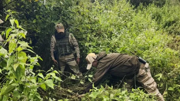 Security personnel during a search operation and area domination in the vulnerable areas of hill and valley districts of Manipur