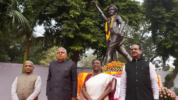 President Droupadi Murmu, Vice President Jagdeep Dhankhar and Lok Sabha Speaker Speaker Om Birla during a ceremony to pay tribute to freedom fighter Birsa Munda on his birth anniversary, commemorated as Janjatiya Gaurav Diwas, in New Delhi, Friday, Nov. 15, 2024
