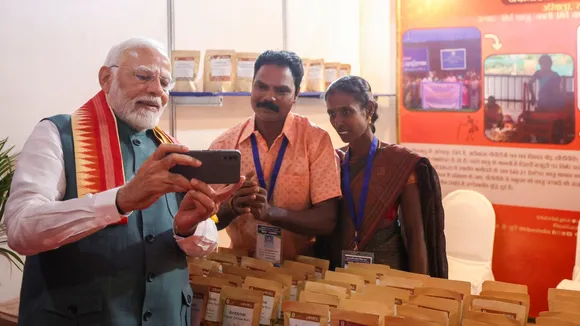 Prime Minister Narendra Modi visits a 'tribal haat' organised on the birth anniversary of freedom fighter Birsa Munda, celebrated as Janjatiya Gaurav Divas, in Jamui, Bihar, Friday, Nov. 15, 2024.
