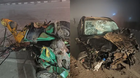 A car hit a tempo from behind while overtaking another vehicle in Bijnor on Saturday