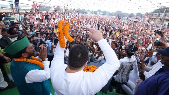 RJD leader Tejashwi Yadav addressing an election rally in Bokaro