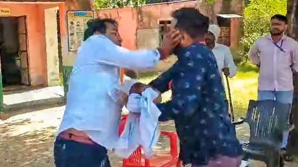 Naresh Meena slaps Sub-Divisional Magistrate (SDM) Amit Chaudhary in the Deoli-Uniara assembly constituency, in Tonk district of Rajasthan, Wednesday, Nov. 13, 2024.