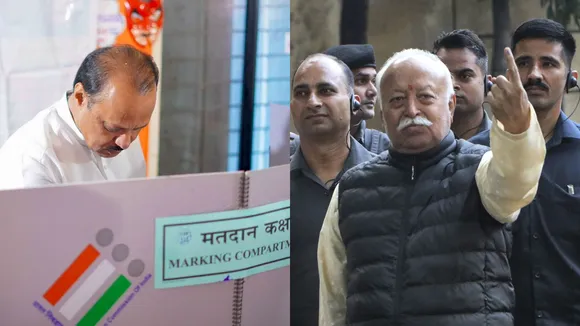 Maharashtra Deputy Chief Minister Ajit Pawar and Rashtriya Swayamsevak Sangh chief Mohan Bhagwat cast their votes during the Maharashtra Assembly elections, Wednesday, Nov. 20, 2024.