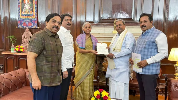 Union Finance Minister Nirmala Sitharaman during a meeting with Karnataka Chief Minister Siddaramaiah and state cabinet ministers, in New Delhi.