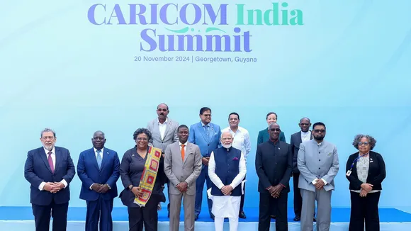 Prime Minister Narendra Modi with leaders from the Caribbean partner countries during a group photo at the second India-Caribbean Community (CARICOM) Summit, in Georgetown, Guyana, Wednesday, Nov. 20, 2024.